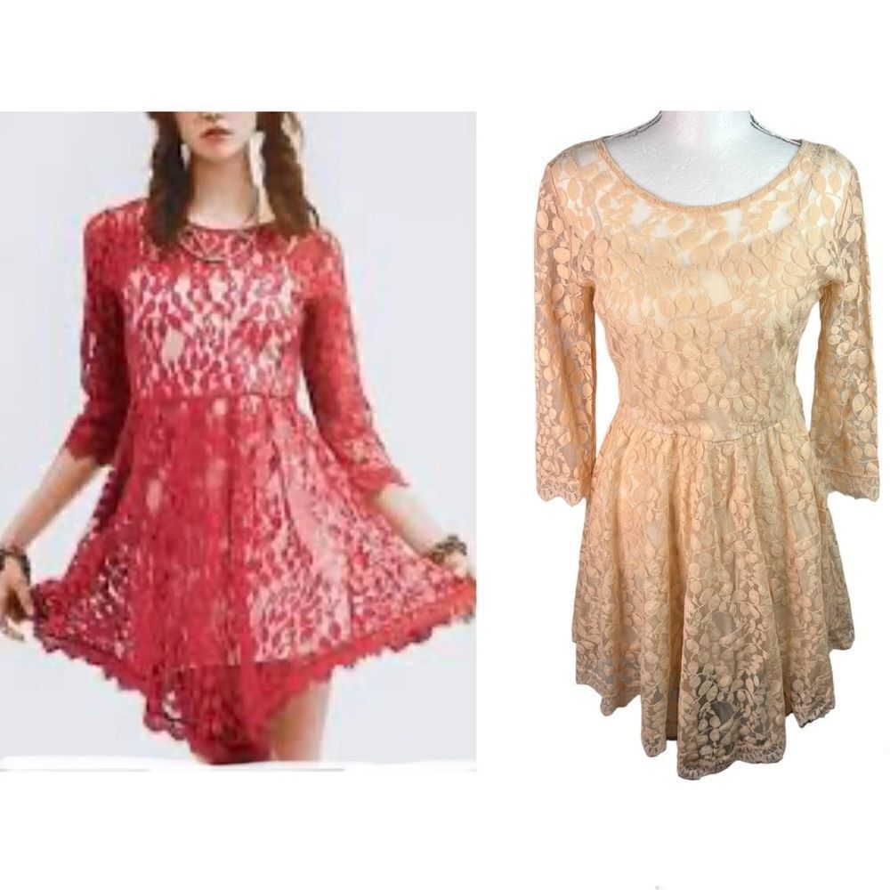 Free People Floral Mesh Lace Peach Lined Long Sleeve High Low Mini Dress Sz S